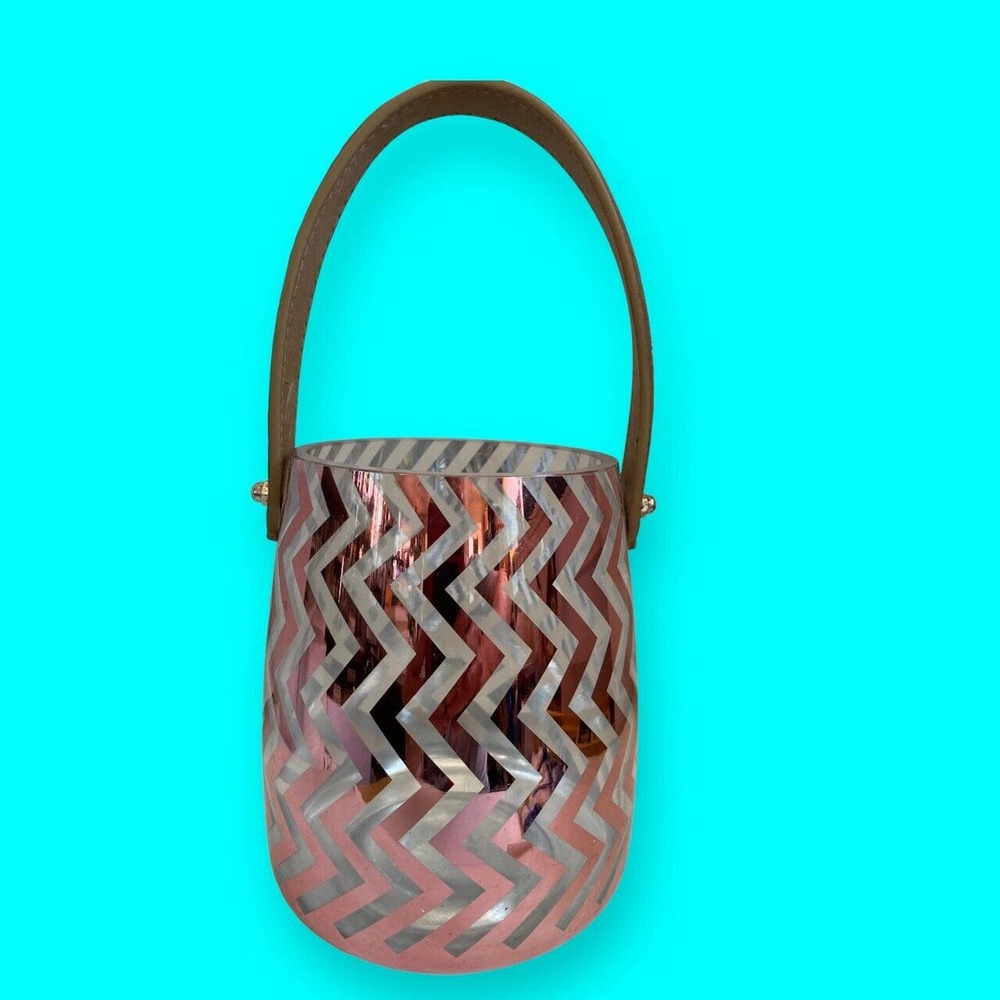 Vintage Leather Handled Glass Ice Bucket Gold Metallic Vertical Zigzag Chevron